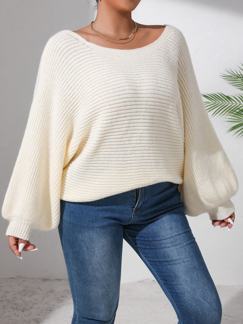 Plus Lace Up Back Batwing Sleeve Sweater Knit Pullover Fall Winter Autumn