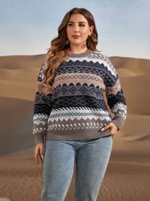 SHEIN LUNE 加大码几何图案落肩针织套头衫，秋冬款 - 彩色 - 查看 4