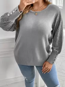 SHEIN LUNE 撞色蕾丝纽扣细节针织套头衫，秋冬款 - 灰色 - 查看 4