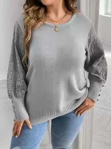 SHEIN LUNE 撞色蕾丝纽扣细节针织套头衫，秋冬款 - 灰色 - 查看 5