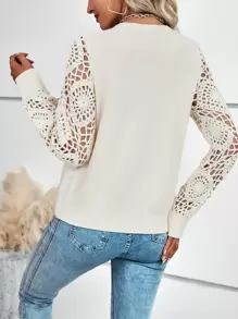 SHEIN LUNE Solid Hollow Out Sleeve Sweater Knit Pullover Fall Winter - Apricot - View 2
