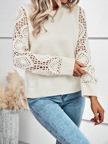 SHEIN LUNE Solid Hollow Out Sleeve Sweater Knit Pullover Fall Winter - Apricot - View 3