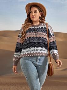 SHEIN LUNE 加大码几何图案落肩针织套头衫，秋冬款 - 彩色 - 查看 5