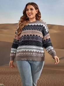 SHEIN LUNE 加大码几何图案落肩针织套头衫，秋冬款 - 彩色 - 查看 6