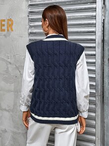 Cable Knit Cricket Sweater Vest Without Shirt - Navy Blue - View 2
