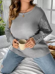 SHEIN LUNE 撞色蕾丝纽扣细节针织套头衫，秋冬款 - 灰色 - 查看 7