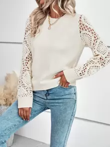 SHEIN LUNE Solid Hollow Out Sleeve Sweater Knit Pullover Fall Winter - Apricot - View 4