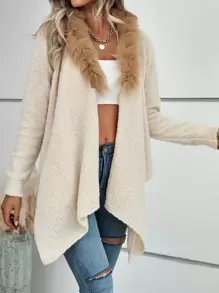 Fuzzy Trim Asymmetrical Hem Duster Cardigan - Apricot - View 1