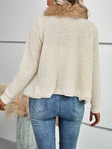 Fuzzy Trim Asymmetrical Hem Duster Cardigan - Apricot - View 2