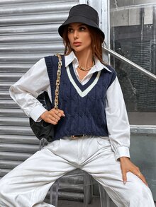 Cable Knit Cricket Sweater Vest Without Shirt - Navy Blue - View 3