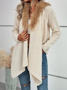 Fuzzy Trim Asymmetrical Hem Duster Cardigan - Apricot - View 3