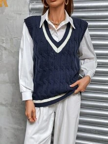 Cable Knit Cricket Sweater Vest Without Shirt - Navy Blue - View 5