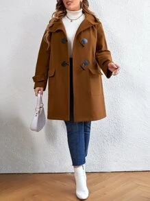 Flirla Plus Flap Pocket Duffle Hooded Overcoat - Brown - View 3