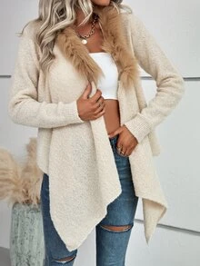 Fuzzy Trim Asymmetrical Hem Duster Cardigan - Apricot - View 5