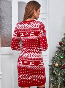 SHEIN LUNE Vestido de punto con patrón de Navidad - Rojo y blanco - Ver 2