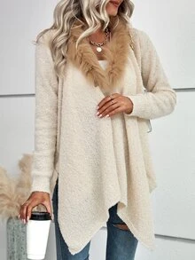 Fuzzy Trim Asymmetrical Hem Duster Cardigan - Apricot - View 6