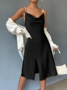 SHEIN BAE Cowl Neck Rhinestone Detail Split Thigh Satin Cami Dress Sexy Dress - Black - View 5