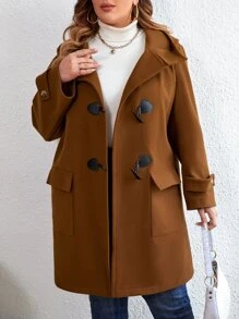 Flirla Plus Flap Pocket Duffle Hooded Overcoat - Brown - View 1