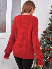 SHEIN Cable Knit Drop Shoulder Jumper - Red - View 2