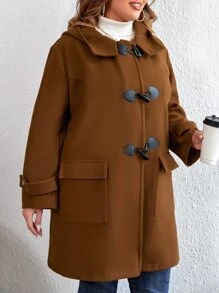 Flirla Plus Flap Pocket Duffle Hooded Overcoat - Brown - View 4