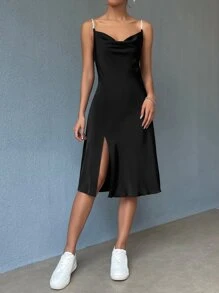 SHEIN BAE Cowl Neck Rhinestone Detail Split Thigh Satin Cami Dress Sexy Dress - Black - View 6