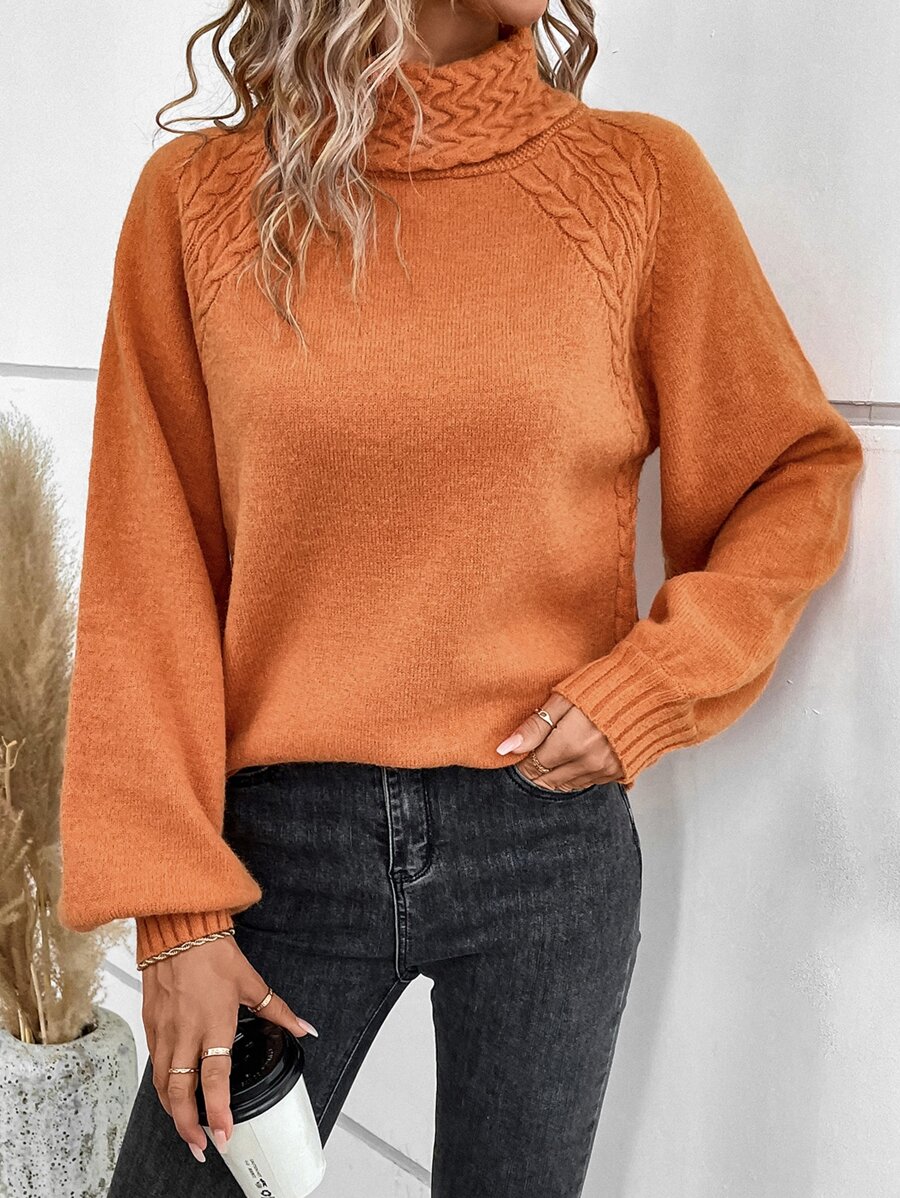 EMERY ROSE Turtleneck Cable Knit Bishop Sleeve Sweater,Long Sleeve Tops In Fall/Winter - Orange - View 1