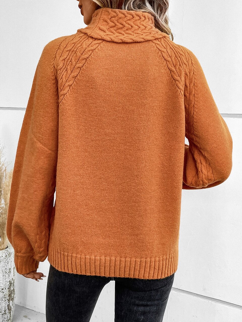 Turtleneck Cable Knit Bishop Sleeve Sweater,Long Sleeve Tops In Fall/Winter