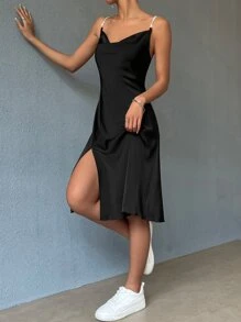 SHEIN BAE Cowl Neck Rhinestone Detail Split Thigh Satin Cami Dress Sexy Dress - Black - View 7