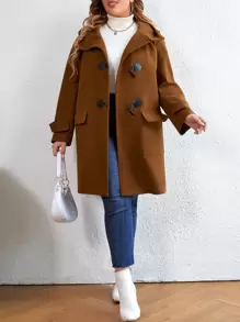 Flirla Plus Flap Pocket Duffle Hooded Overcoat - Brown - View 5