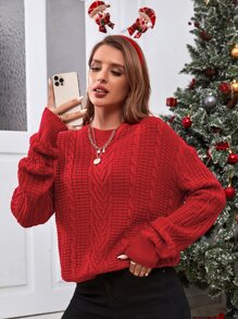 SHEIN Cable Knit Drop Shoulder Jumper - Red - View 4
