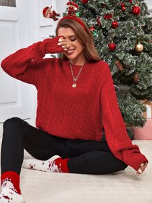 SHEIN Cable Knit Drop Shoulder Jumper - Red - View 5
