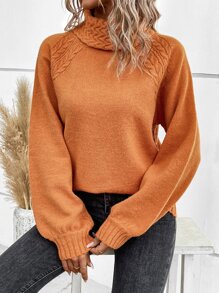 EMERY ROSE Turtleneck Cable Knit Bishop Sleeve Sweater,Long Sleeve Tops In Fall/Winter - Orange - View 3