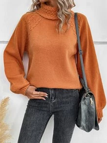 EMERY ROSE Turtleneck Cable Knit Bishop Sleeve Sweater,Long Sleeve Tops In Fall/Winter - Orange - View 4
