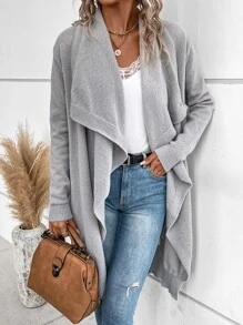 SHEIN LUNE Cárdigan de diseño casual con cuello de cascada - Gris - Ver 3