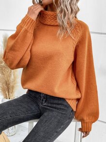 EMERY ROSE Turtleneck Cable Knit Bishop Sleeve Sweater,Long Sleeve Tops In Fall/Winter - Orange - View 5