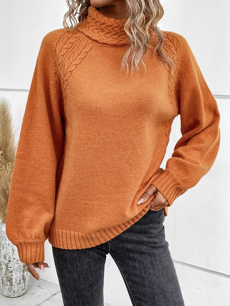 Turtleneck Cable Knit Bishop Sleeve Sweater,Long Sleeve Tops In Fall/Winter