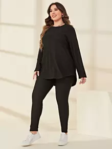 Mulvari Conjunto leggings con camiseta bajo curvo tejida de canalé - Negro - Ver 5