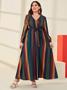 Mulvari 大碼彩色條紋繫腰帶連衣裙 - 彩色 - 查看 1