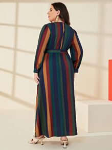 Mulvari 大碼彩色條紋繫腰帶連衣裙 - 彩色 - 查看 2