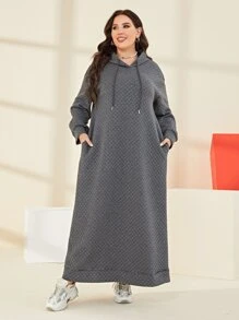 Mulvari Plus  Pocket Drawstring Hooded Sweatshirt Dress Winter Fall Autumn - Grey - View 1
