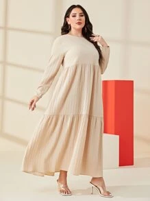 Mulvari Plus Solid Ruffle Hem Smock Dress Maxi Women Outfit - Apricot - View 3