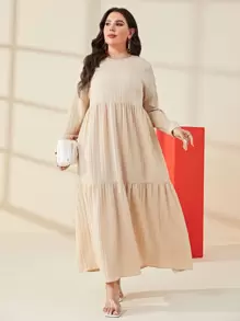 Mulvari Plus Solid Ruffle Hem Smock Dress Maxi Women Outfit - Apricot - View 4