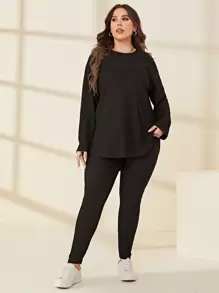 Mulvari Conjunto leggings con camiseta bajo curvo tejida de canalé - Negro - Ver 4