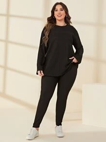 Mulvari Conjunto leggings con camiseta bajo curvo tejida de canalé - Negro - Ver 1