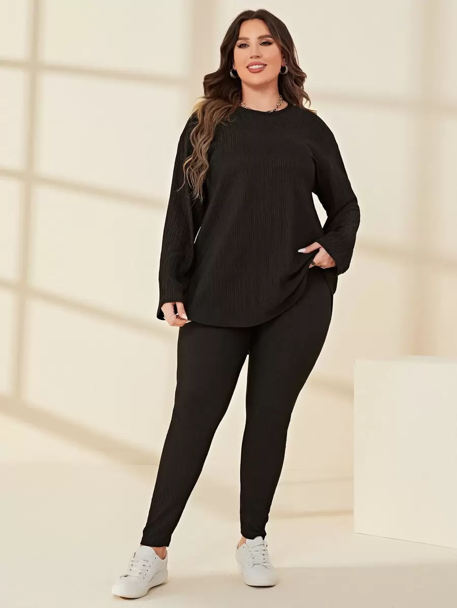 Mulvari Conjunto leggings con camiseta bajo curvo tejida de canalé - Negro - Ver 1