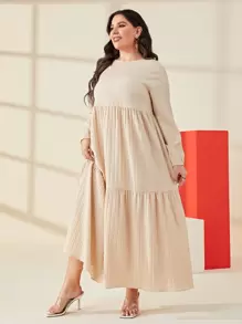 Mulvari Plus Solid Ruffle Hem Smock Dress Maxi Women Outfit - Apricot - View 5