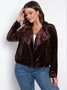 SHEIN LUNE Plus Zip Up Velvet Biker Jacket - Chocolate Brown - View 5