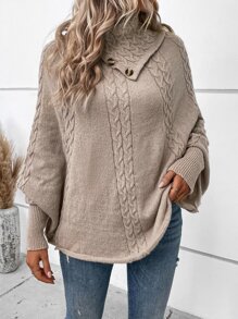 SHEIN LUNE 高領蝙蝠袖麻花編織斗篷 - 摩卡棕 - 查看 1