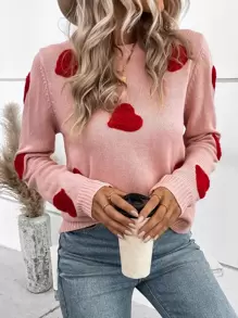 Chiquease Heart Pattern Round Neck Sweater Knit Pullover Fall Winter Outfit - Coral Pink - View 1