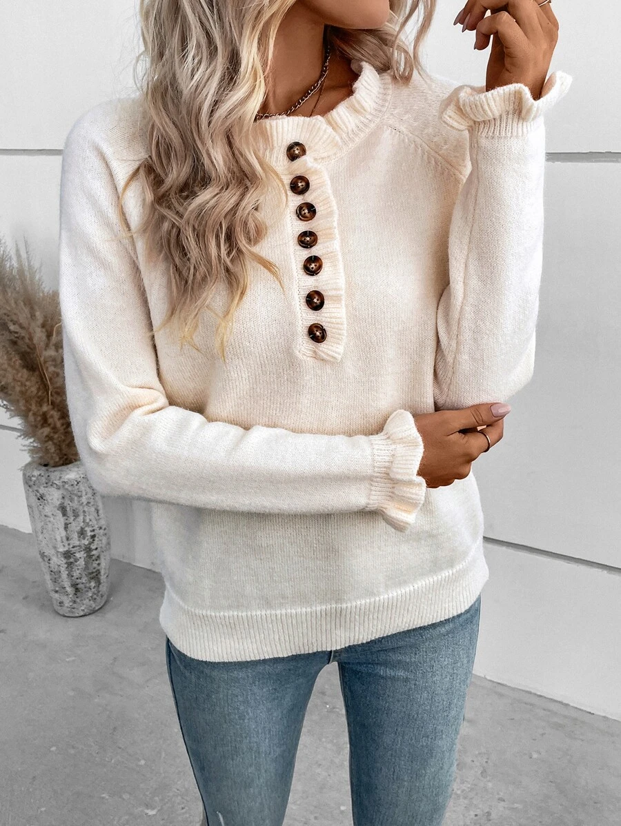 SHEIN LUNE 半排扣荷葉袖套頭毛衣 - 杏色 - 查看 1